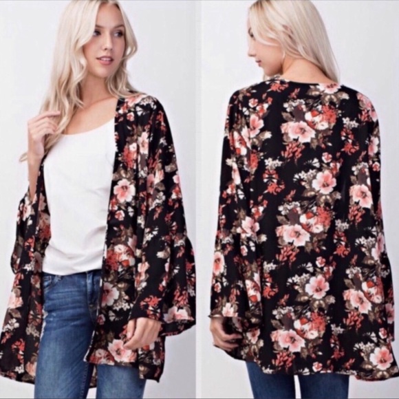 Floral Open-Front Women’s Kimono- Black with Pink Floral - Picture 2 of 5